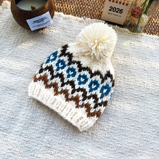 Cream Brown Slate Blue Fair Isle Baby Knit Pom Pom Beanie