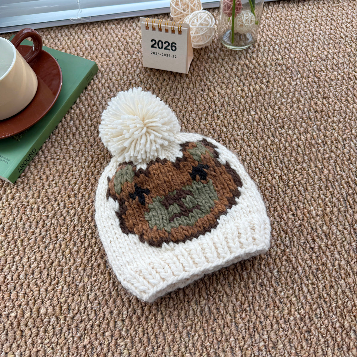 Cream Baby Knit Pom Pom Beanie, Bear Jacquard Hat