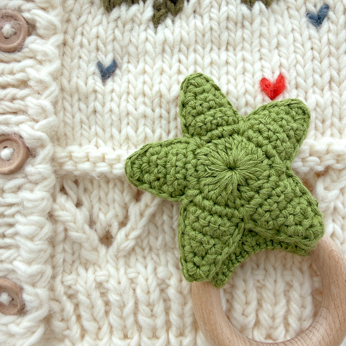 Olive Green Crochet Star Baby Rattle, Wooden Ring Sensory Grab Toy