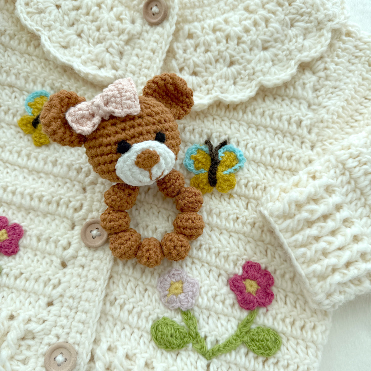 Caramel Brown Crochet Bear Baby Rattle Ring With Bow, Sensory Grab Toy