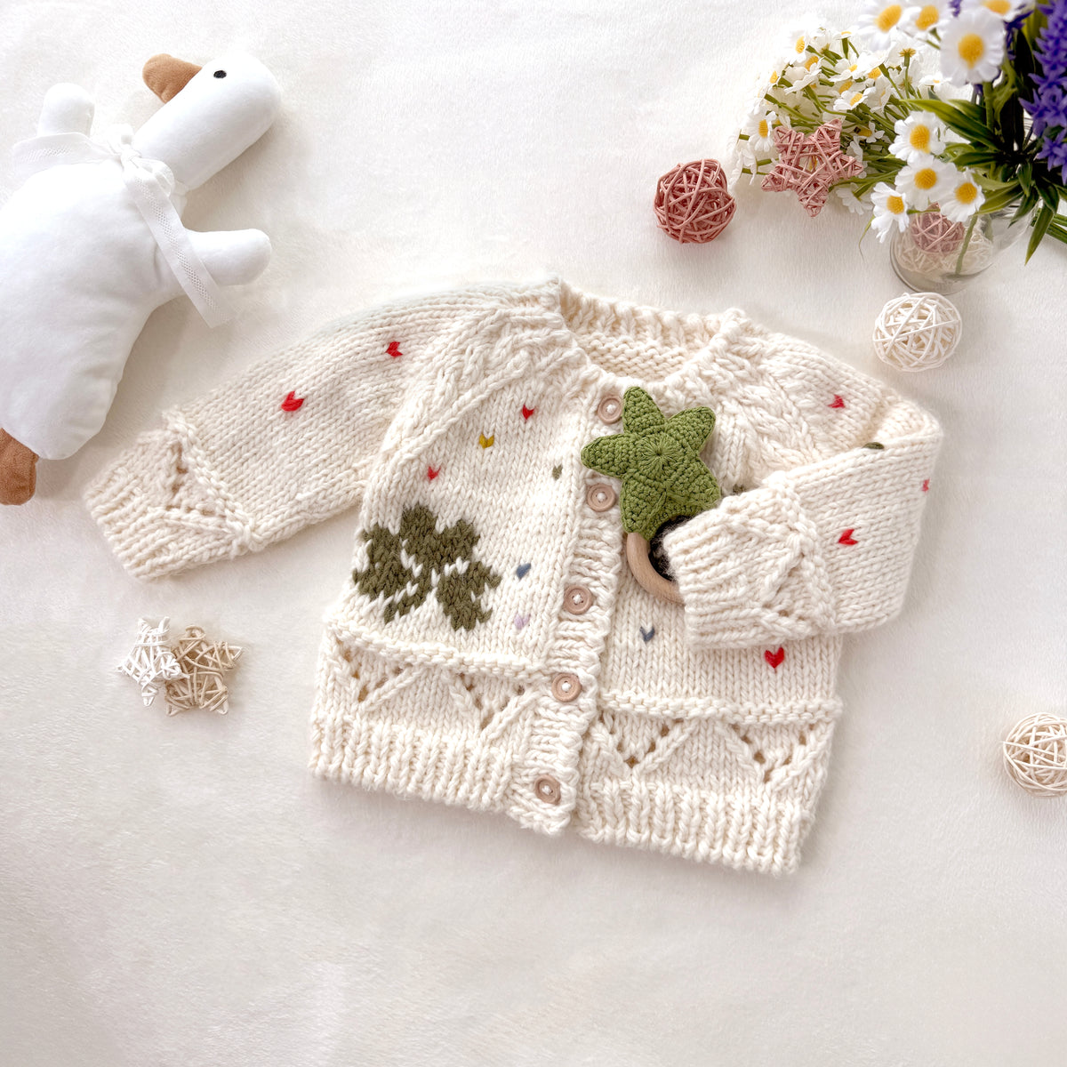 Hand-Knitted Cream Clover Baby Cardigan