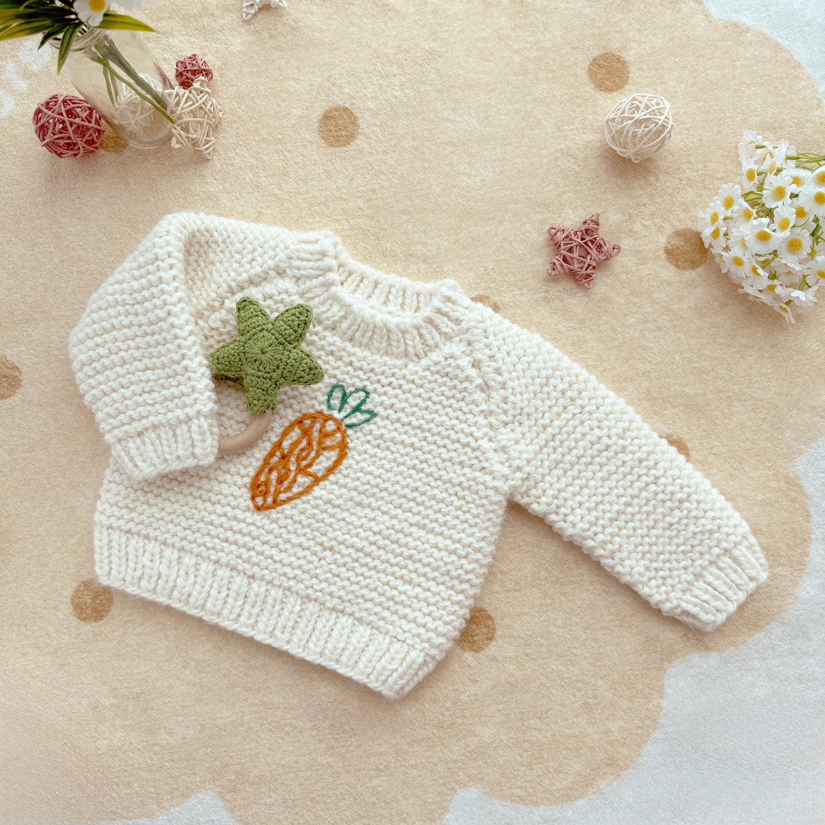 Hand Knit Carrot Baby Sweater - Cream