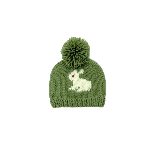 Sage Green Baby Knit Beanie, Bunny Pattern Pom Pom Hat