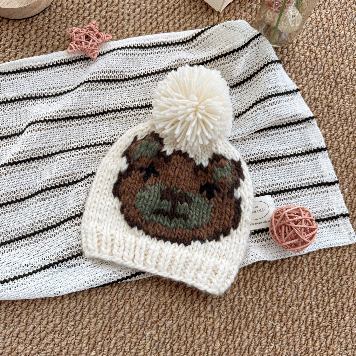 Cream Baby Knit Pom Pom Beanie, Bear Jacquard Hat