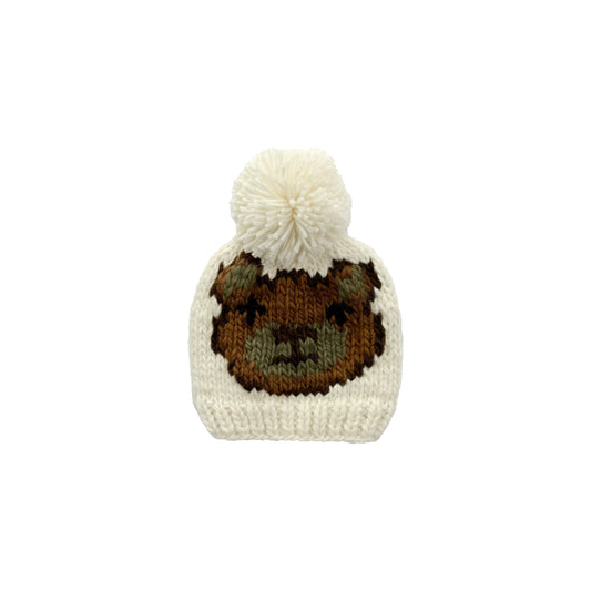 Cream Baby Knit Pom Pom Beanie, Bear Jacquard Hat