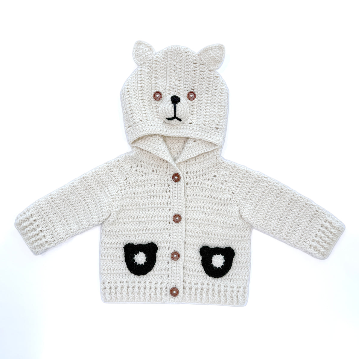 Handmade Crochet Bear Hooded Baby Cardigan - Cream Knit Coat