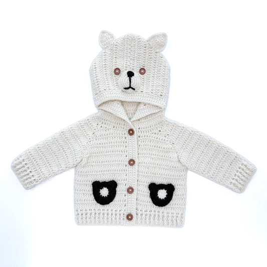 Handmade Crochet Bear Hooded Baby Cardigan - Cream Knit Coat