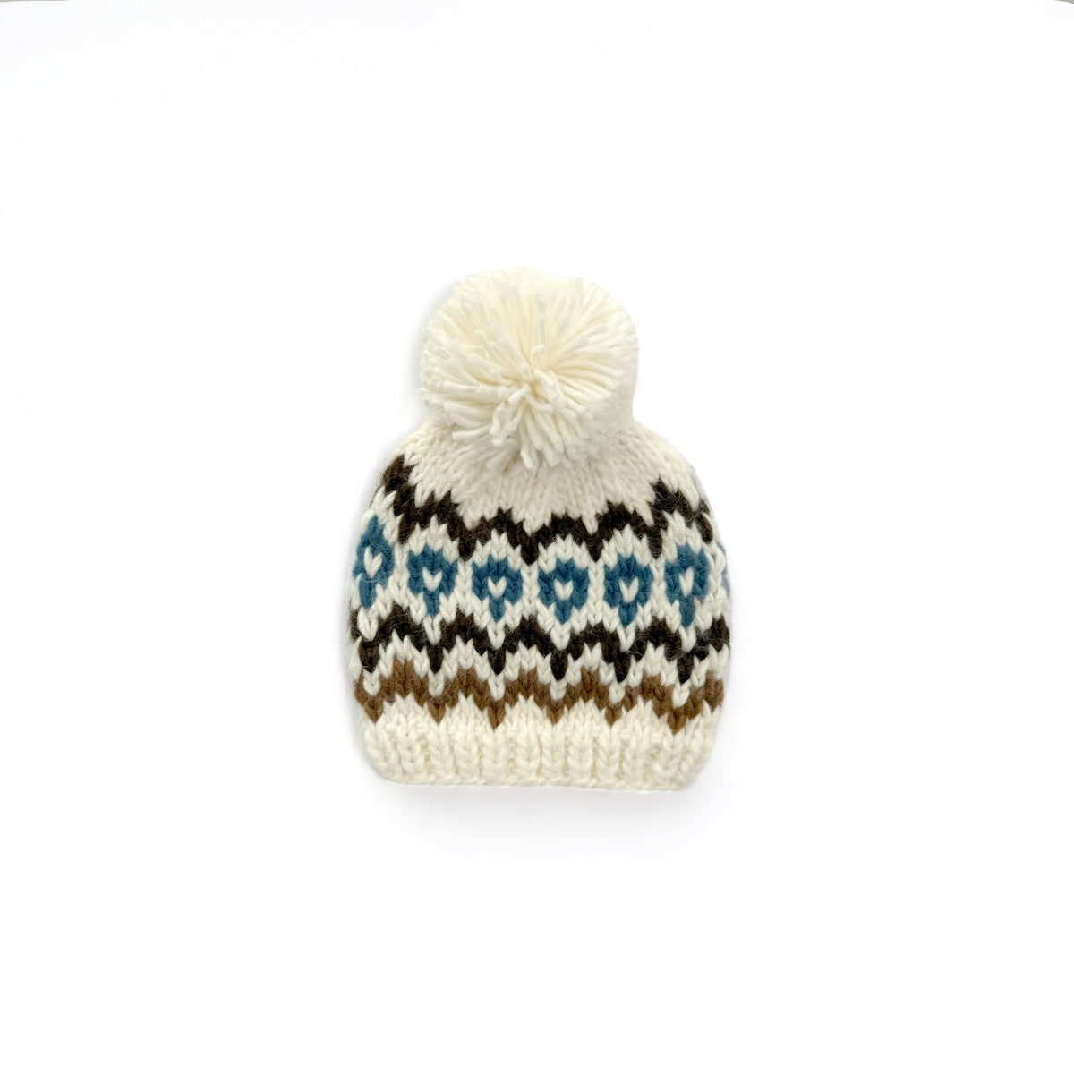 Cream Brown Slate Blue Fair Isle Baby Knit Pom Pom Beanie