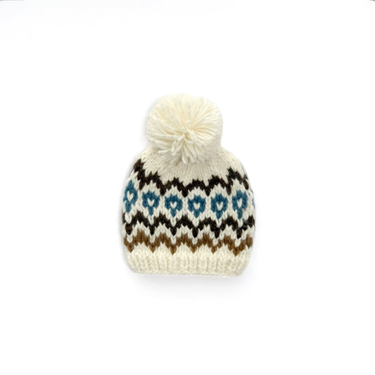 Cream Brown Slate Blue Fair Isle Baby Knit Pom Pom Beanie