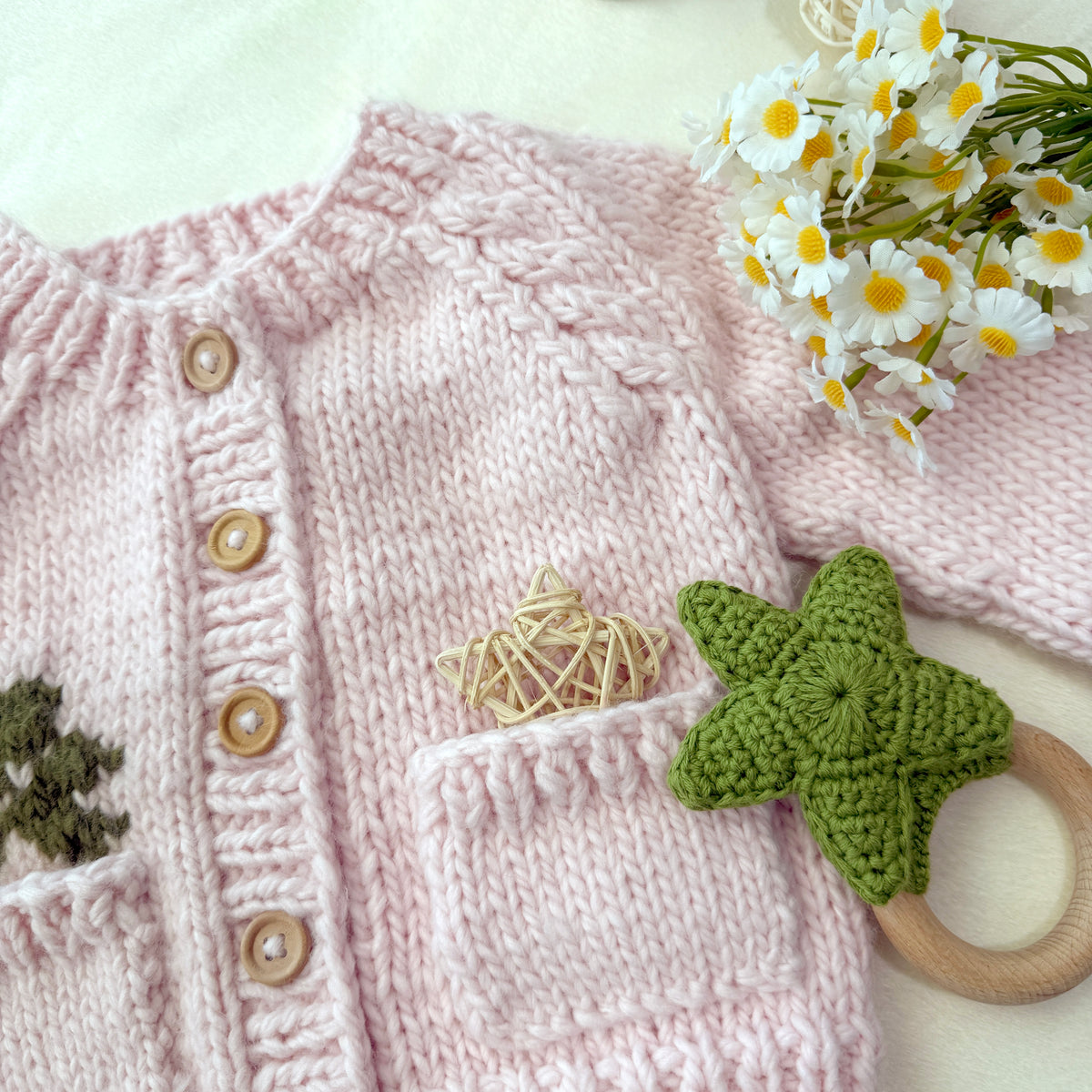 Baby Hand Knit Cardigan | Light Pink Clover Embroidery