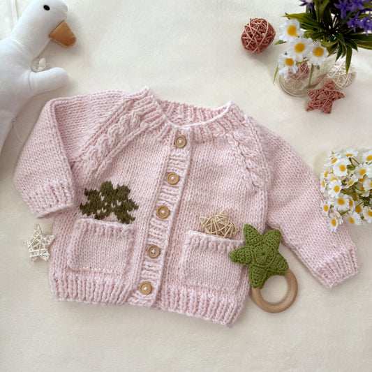 Baby Hand Knit Cardigan | Light Pink Clover Embroidery
