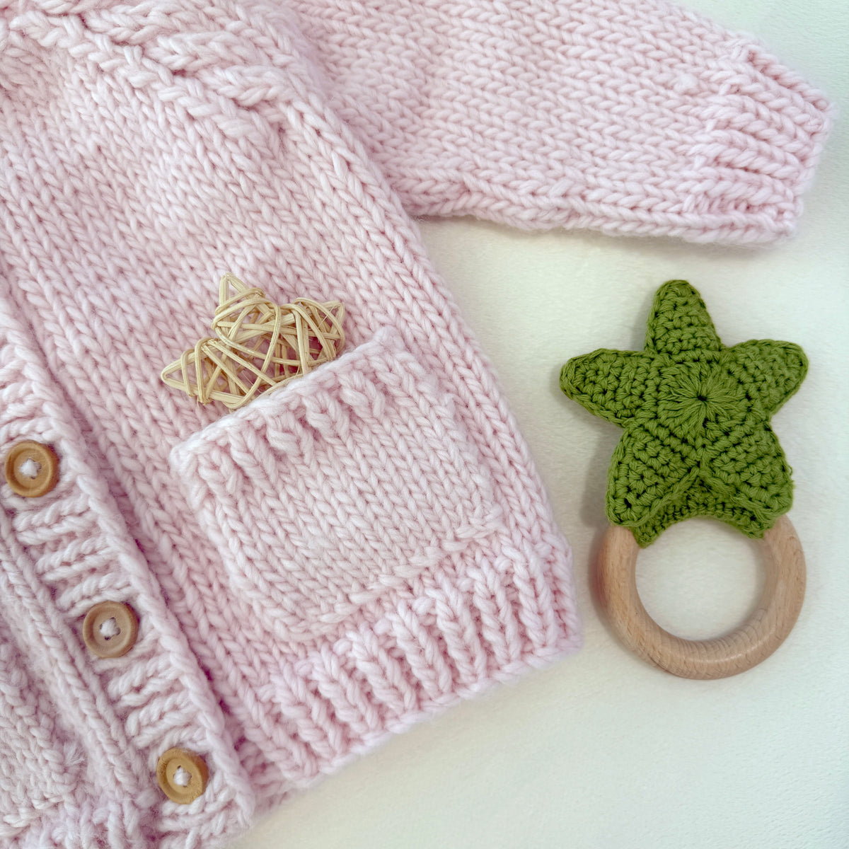 Baby Hand Knit Cardigan | Light Pink Clover Embroidery
