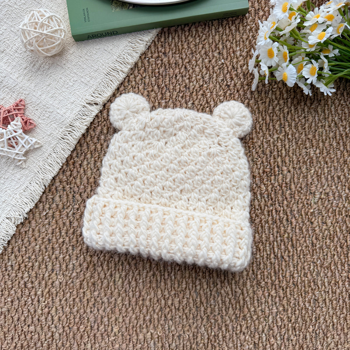 Cream Handmade Crochet Baby Bear Ear Hat