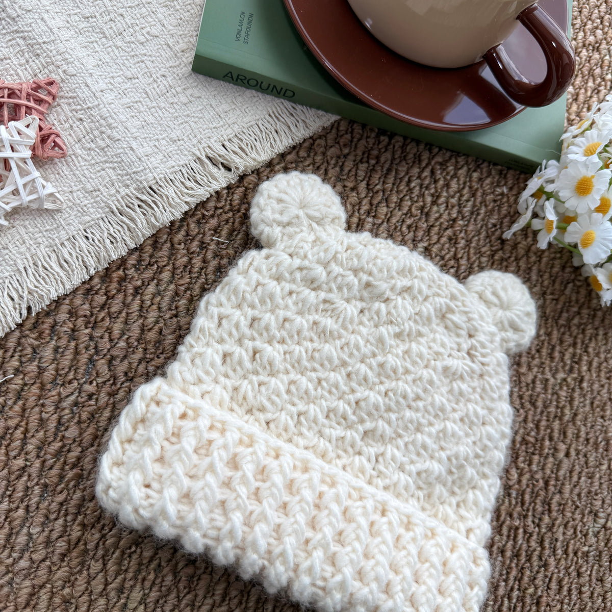 Cream Handmade Crochet Baby Bear Ear Hat