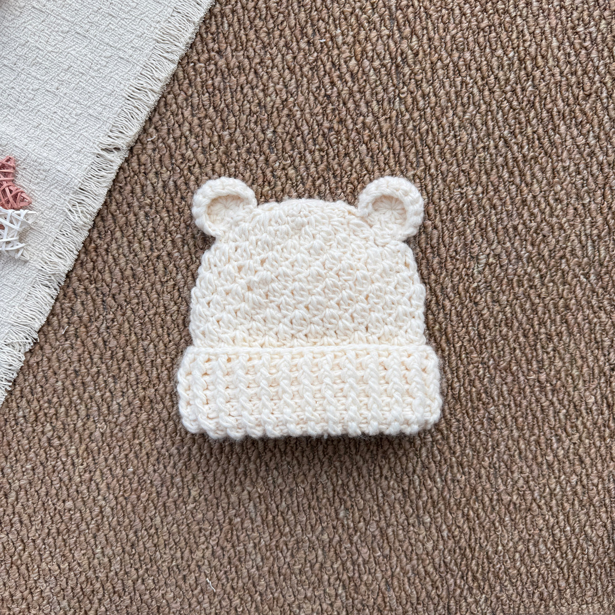 Cream Handmade Crochet Baby Bear Ear Hat