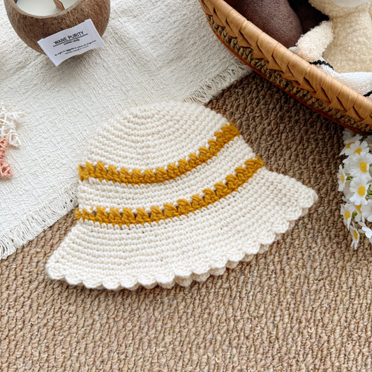 Baby Striped Crochet Bucket Hat, Cream & Mustard Yellow Sun Hat