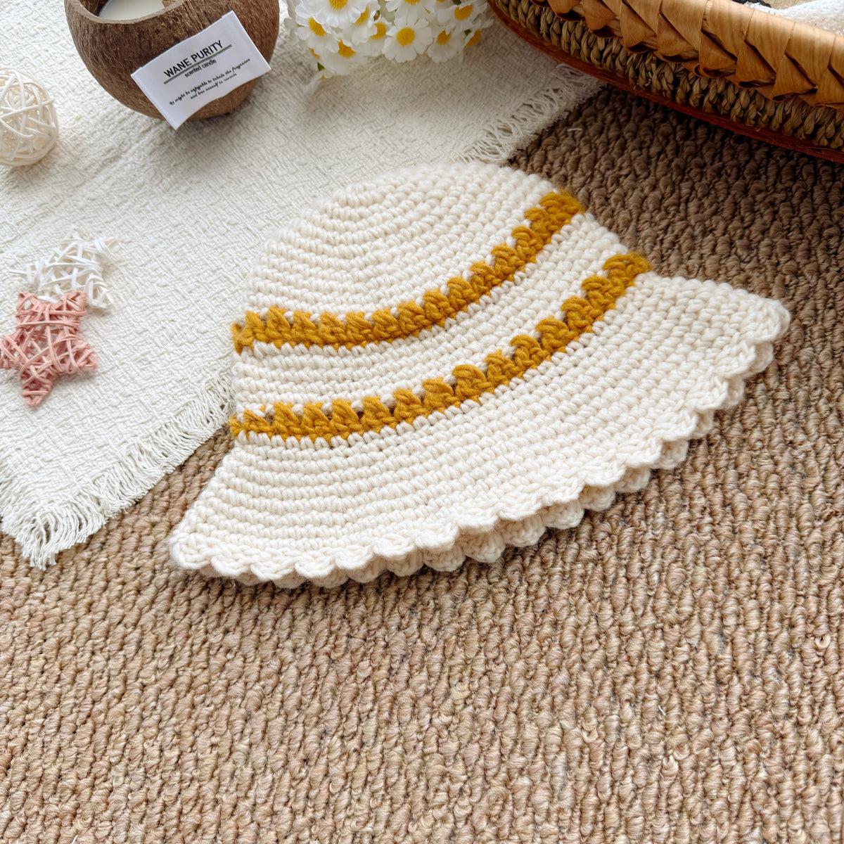 Baby Striped Crochet Bucket Hat, Cream & Mustard Yellow Sun Hat