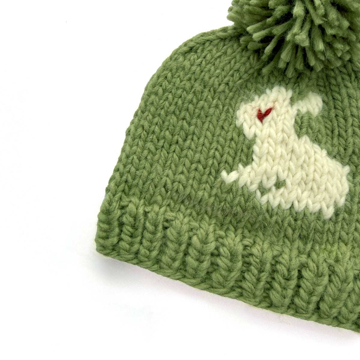 Sage Green Baby Knit Beanie, Bunny Pattern Pom Pom Hat