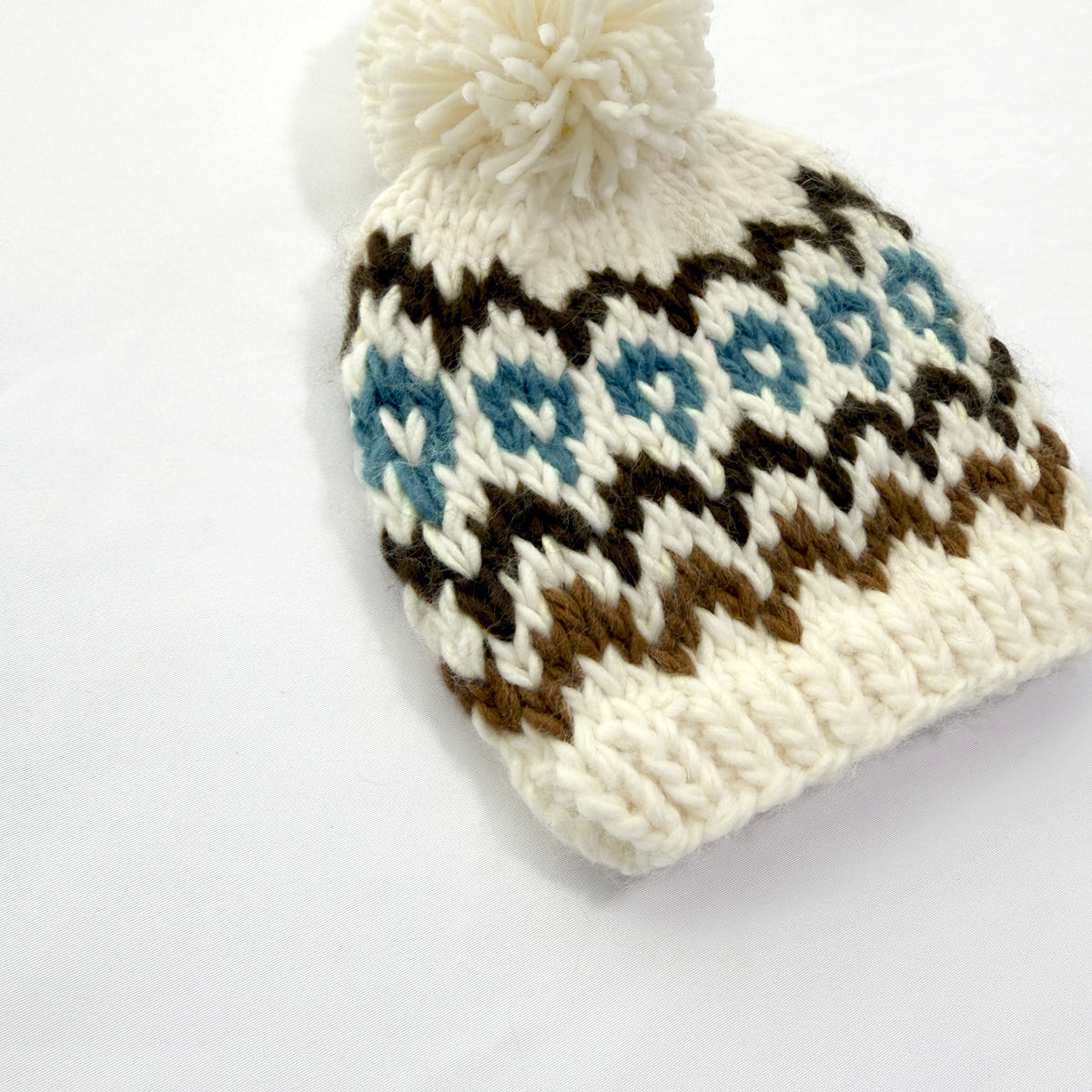 Cream Brown Slate Blue Fair Isle Baby Knit Pom Pom Beanie