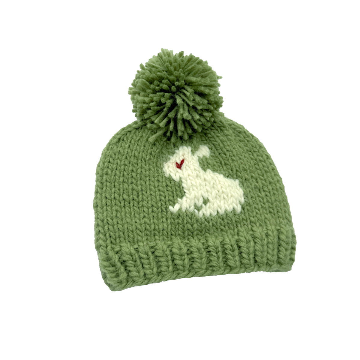 Sage Green Baby Knit Beanie, Bunny Pattern Pom Pom Hat