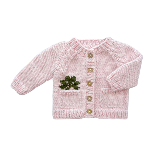 Baby Hand Knit Cardigan | Light Pink Clover Embroidery