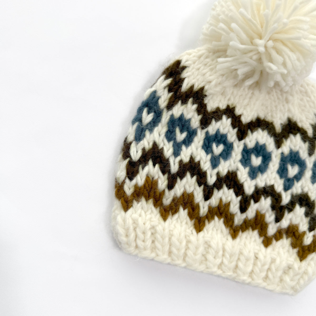 Cream Brown Slate Blue Fair Isle Baby Knit Pom Pom Beanie