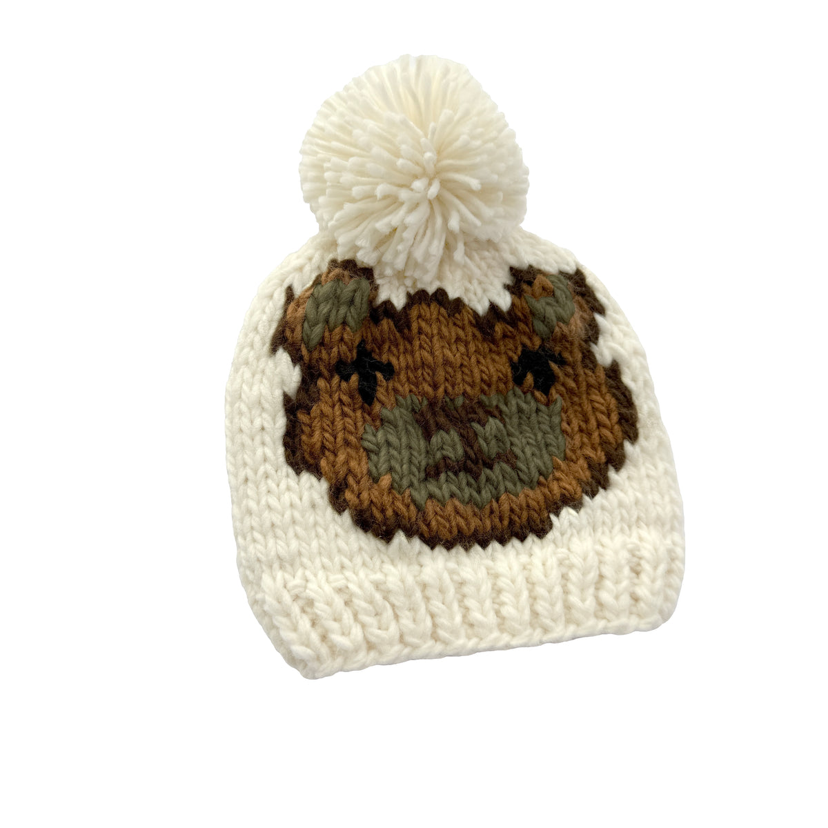 Cream Baby Knit Pom Pom Beanie, Bear Jacquard Hat