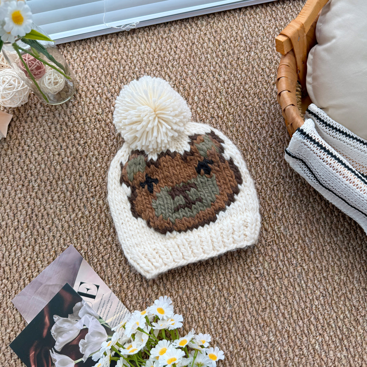 Cream Baby Knit Pom Pom Beanie, Bear Jacquard Hat