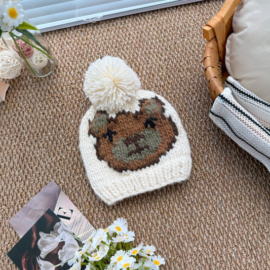 Cream Baby Knit Pom Pom Beanie, Bear Jacquard Hat