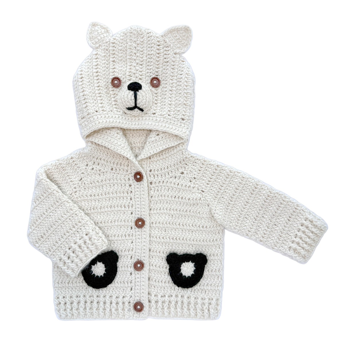 Handmade Crochet Bear Hooded Baby Cardigan - Cream Knit Coat