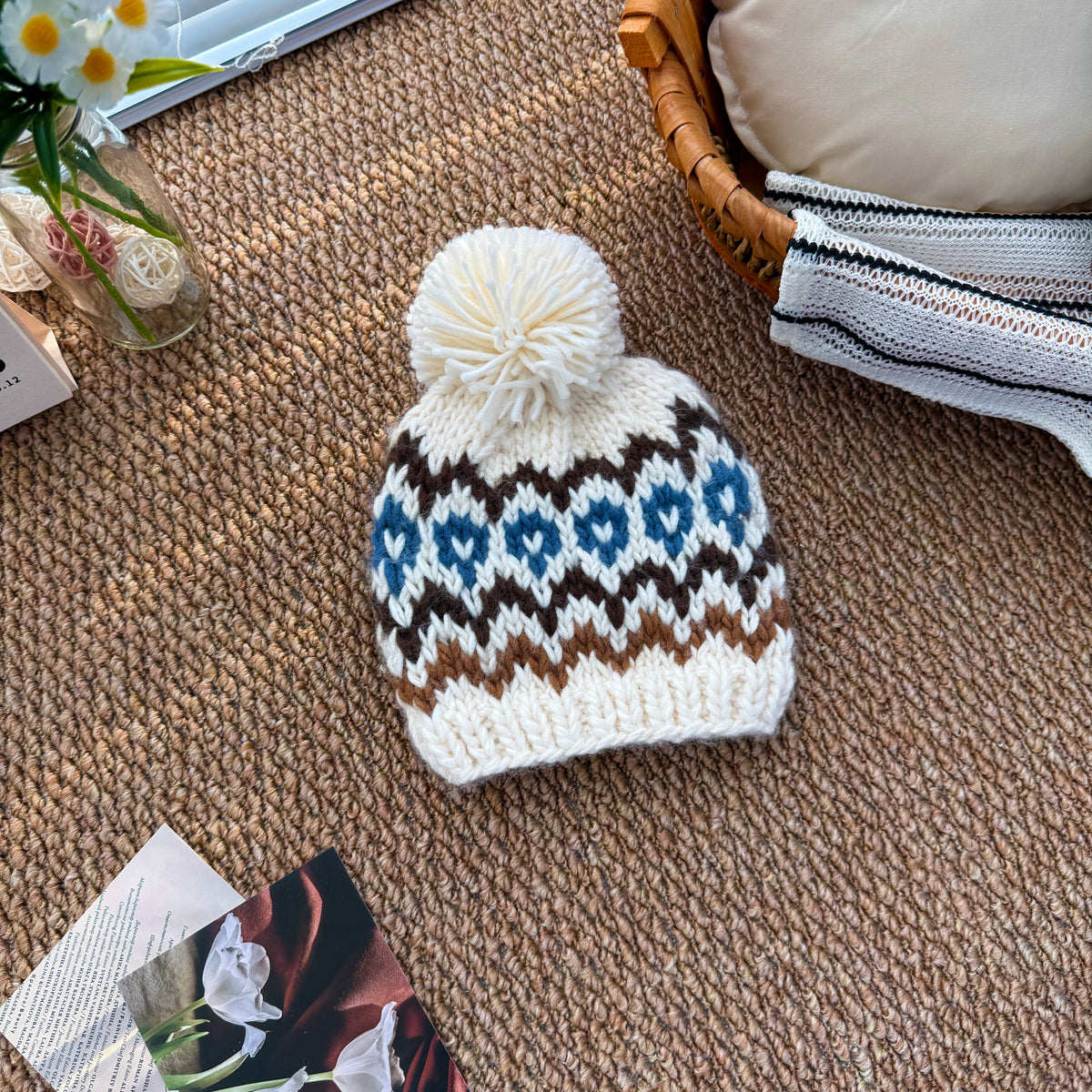 Cream Brown Slate Blue Fair Isle Baby Knit Pom Pom Beanie