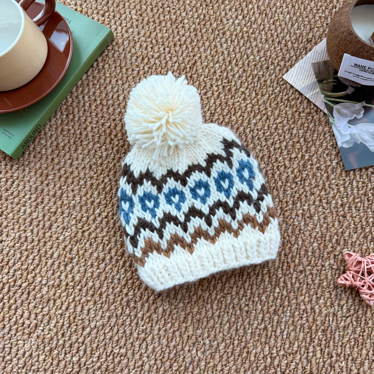 Cream Brown Slate Blue Fair Isle Baby Knit Pom Pom Beanie