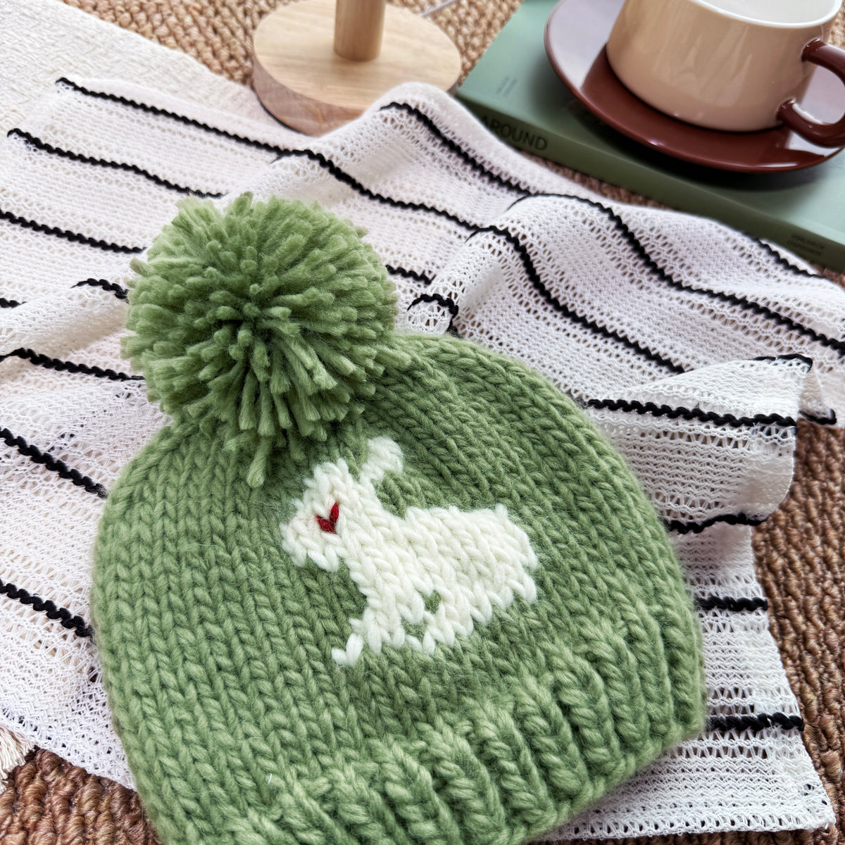 Sage Green Baby Knit Beanie, Bunny Pattern Pom Pom Hat