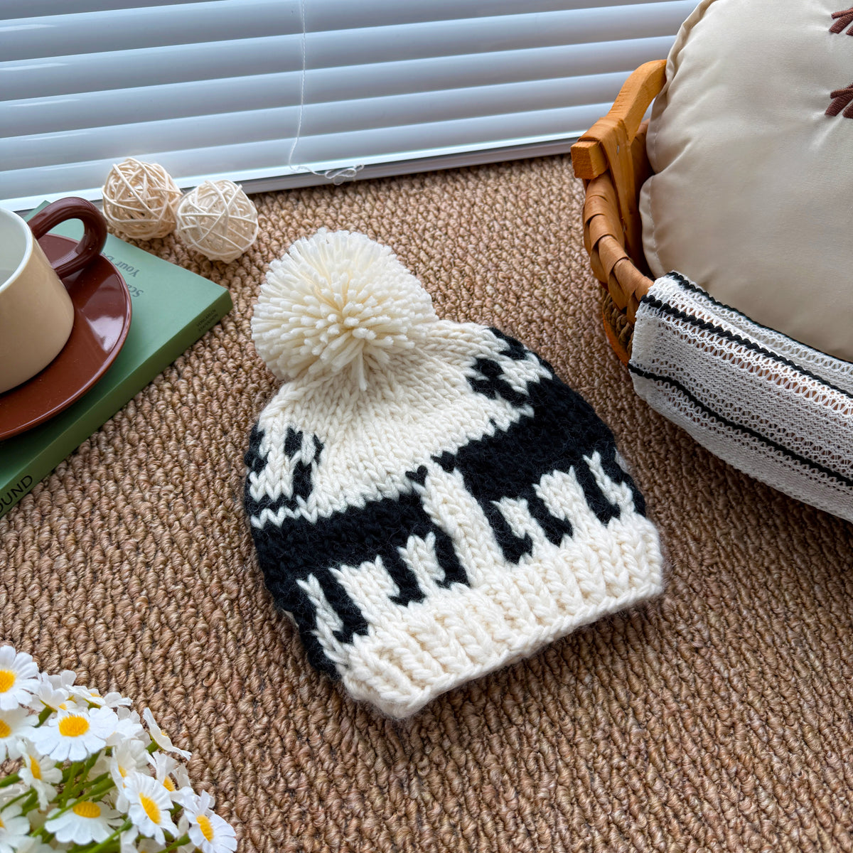 Christmas Baby Knit Beanie | Snowflake & Moose Pom Pom Hat