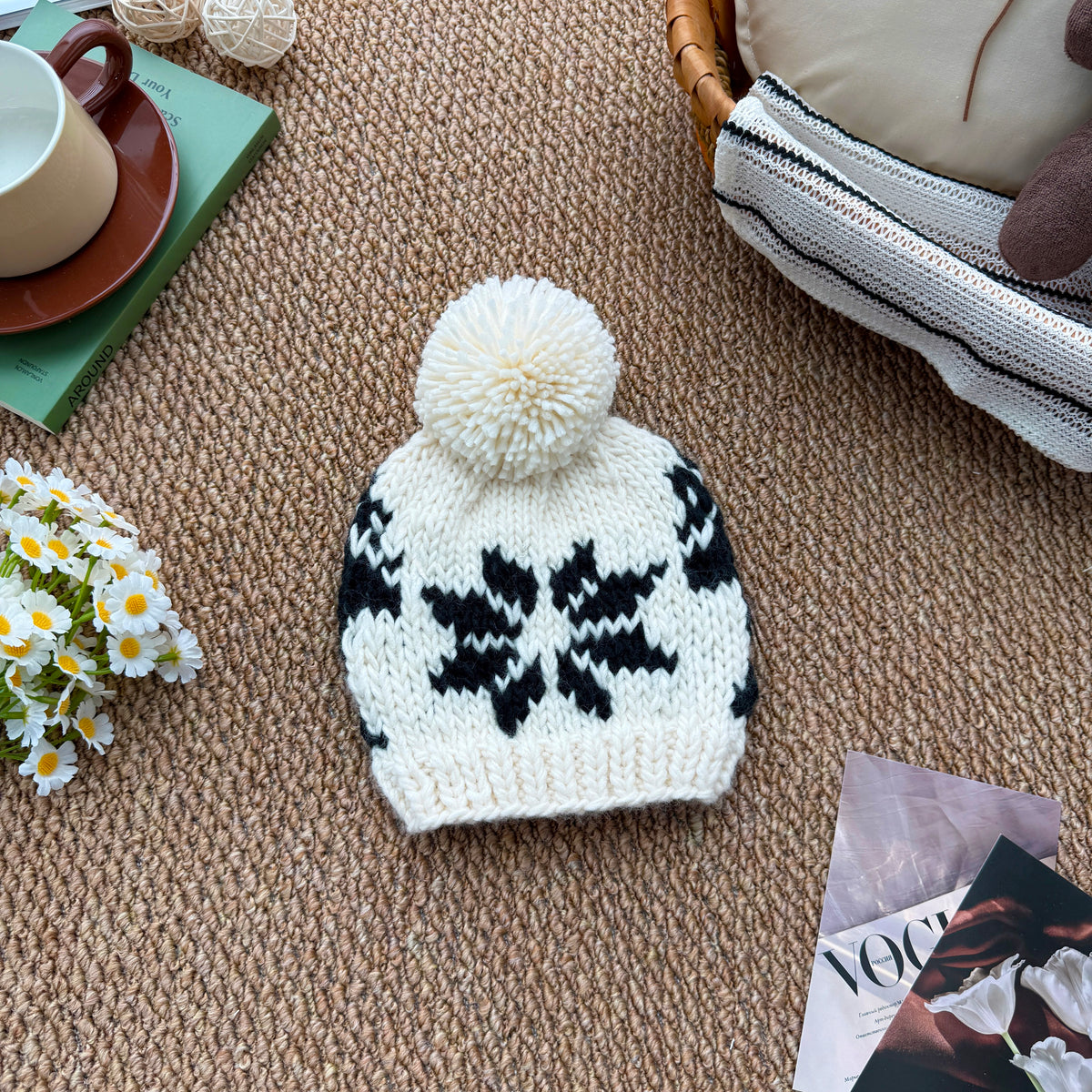 Christmas Baby Knit Beanie | Snowflake & Moose Pom Pom Hat