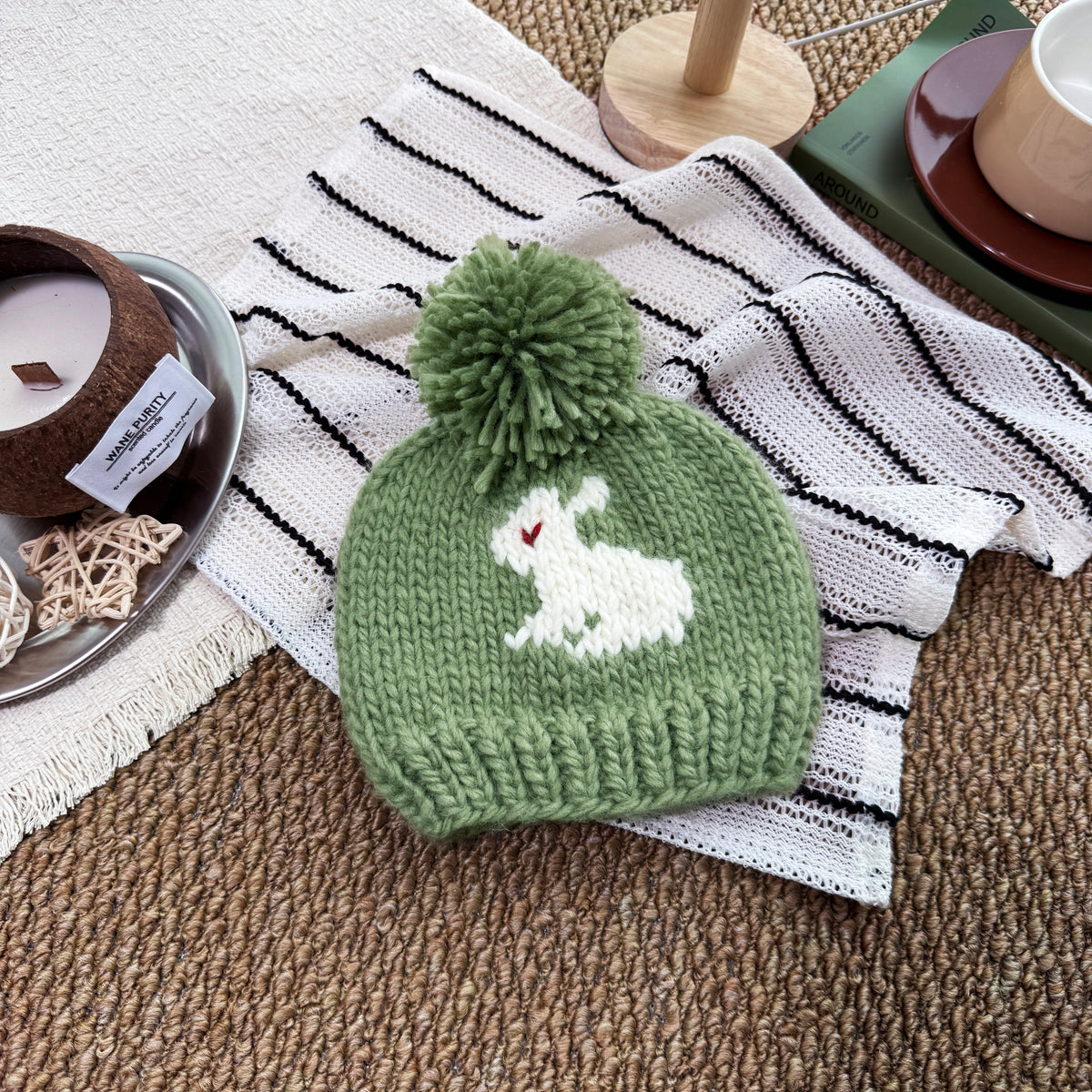 Sage Green Baby Knit Beanie, Bunny Pattern Pom Pom Hat