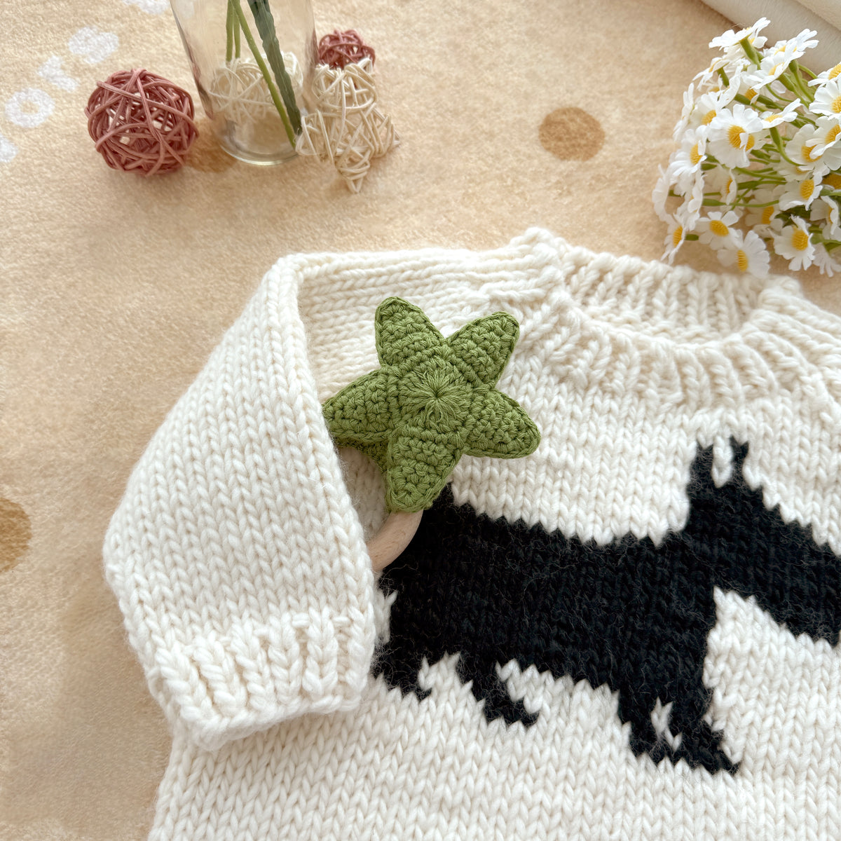 Hand Knit Dog Baby Sweater - Cream