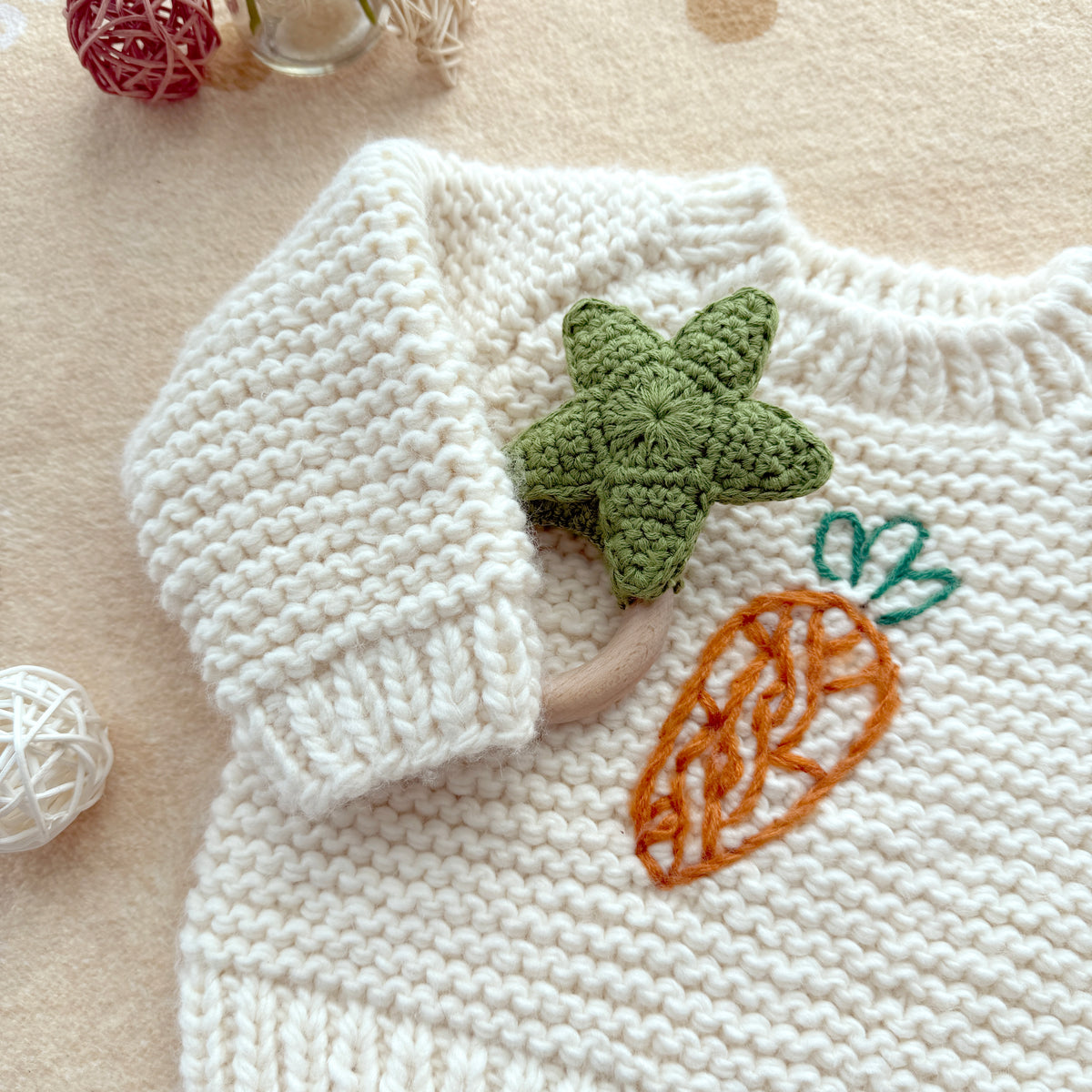 Hand Knit Carrot Baby Sweater - Cream