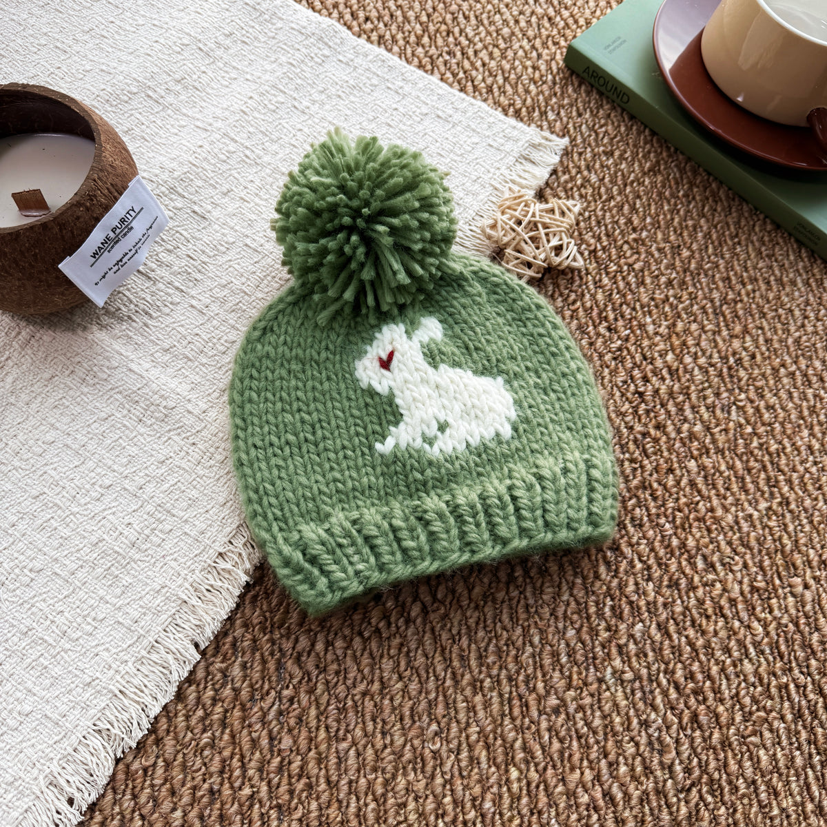 Sage Green Baby Knit Beanie, Bunny Pattern Pom Pom Hat