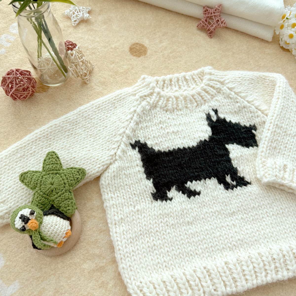 Hand Knit Dog Baby Sweater - Cream