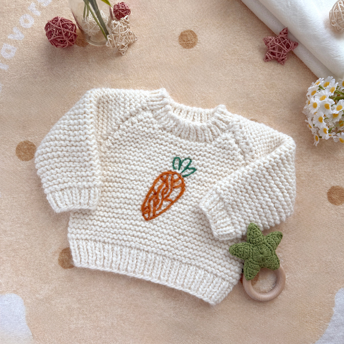Hand Knit Carrot Baby Sweater - Cream
