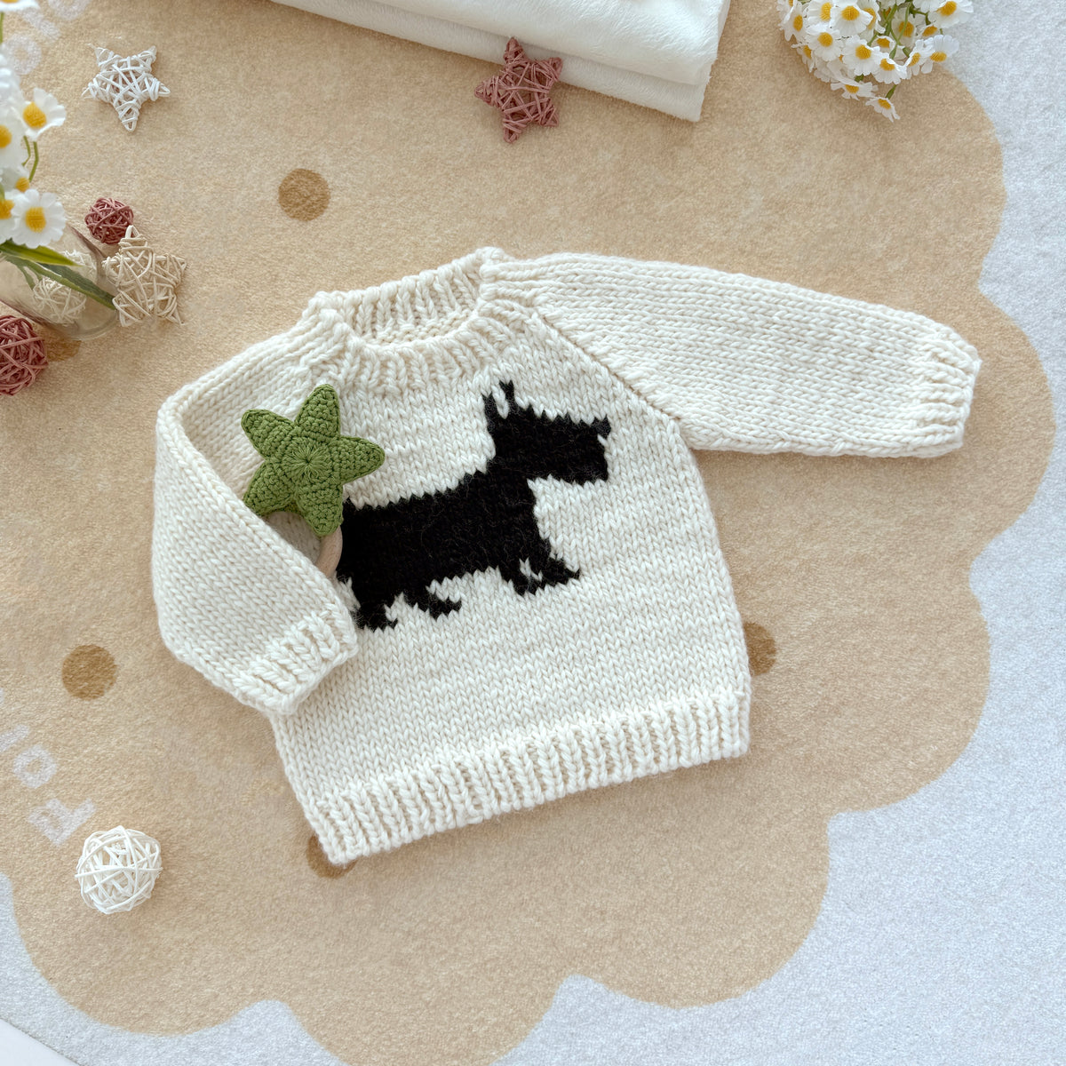 Hand Knit Dog Baby Sweater - Cream