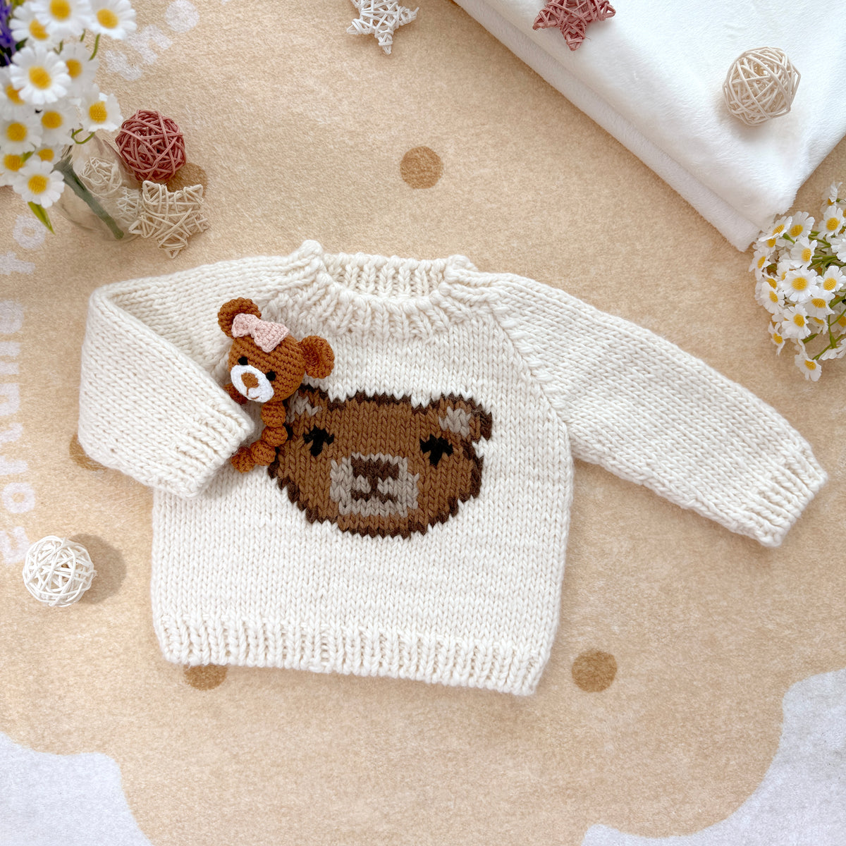 Hand Knit Cream Bear Baby Sweater