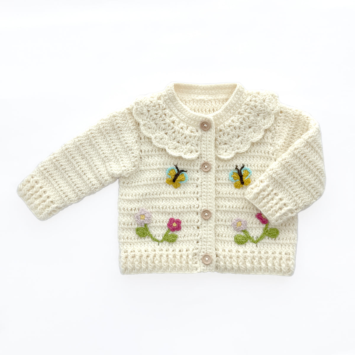 Hand Crocheted Cream Floral Butterfly Baby Cardigan