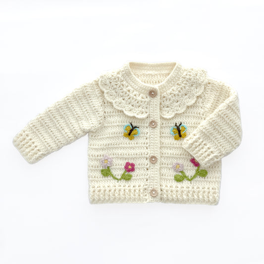 Hand Crochet Cream Floral Butterfly Baby Cardigan