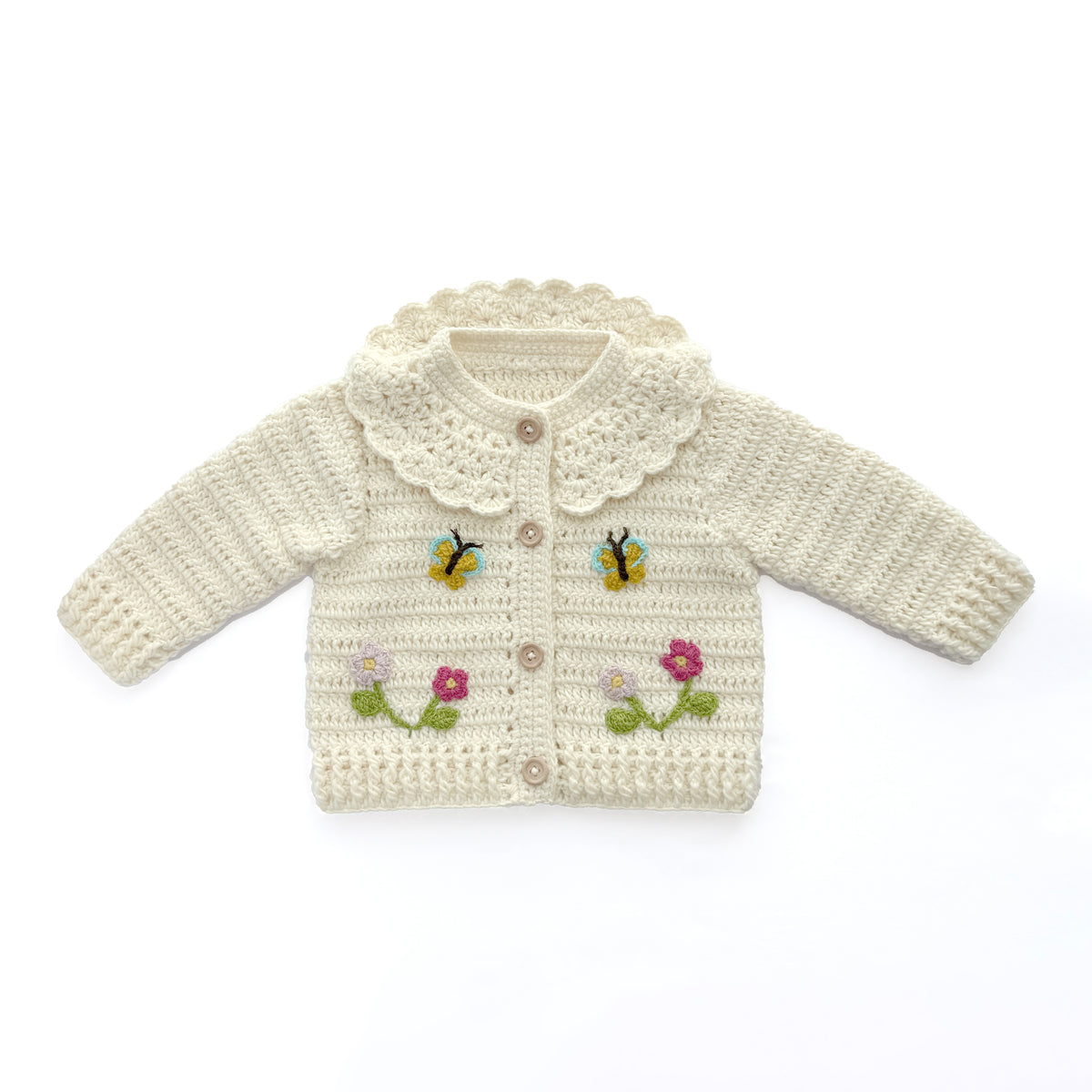 Hand Crocheted Cream Floral Butterfly Baby Cardigan