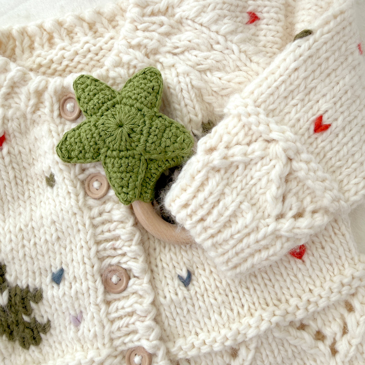 Hand-Knitted Cream Clover Baby Cardigan