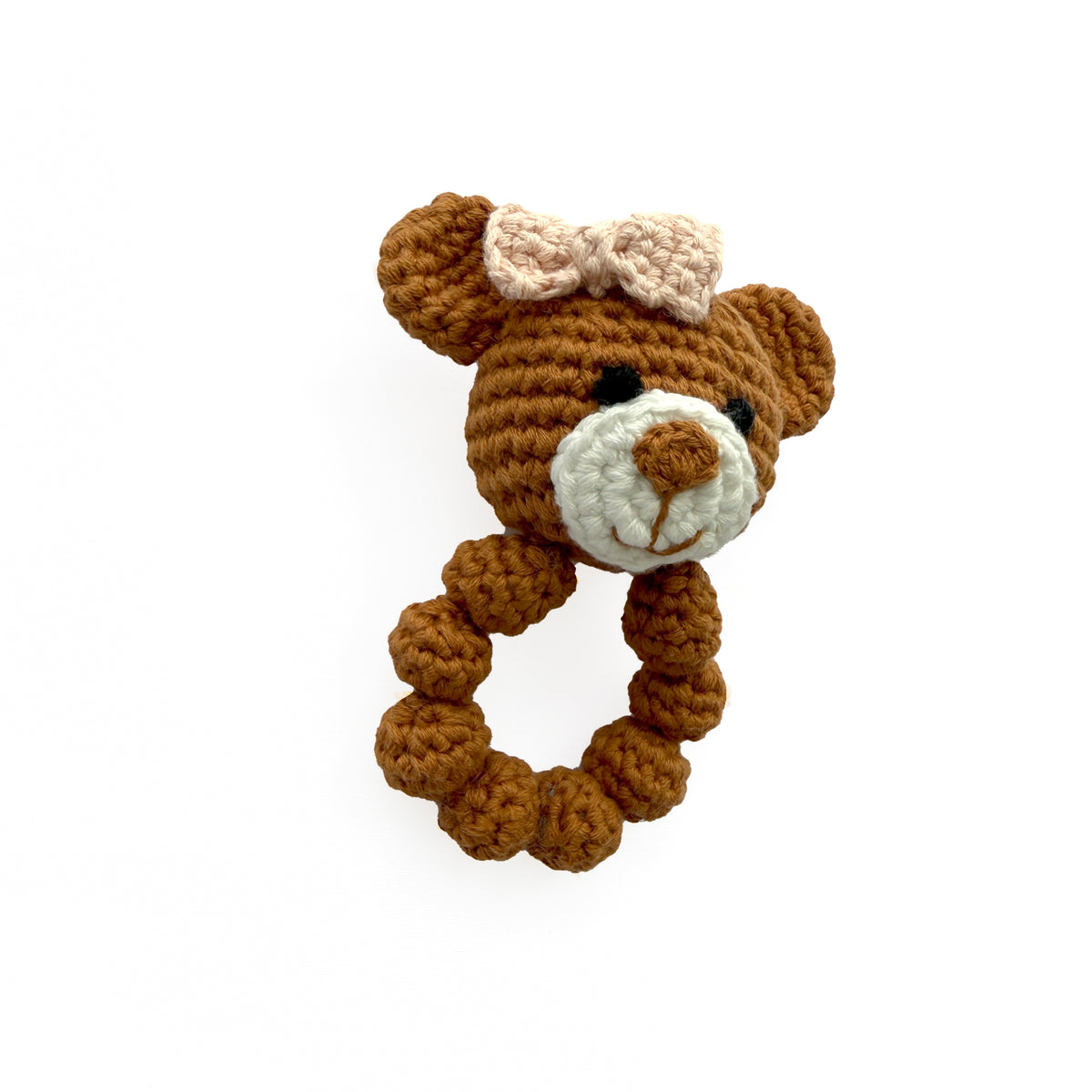 Caramel Brown Crochet Bear Baby Rattle Ring With Bow, Sensory Grab Toy