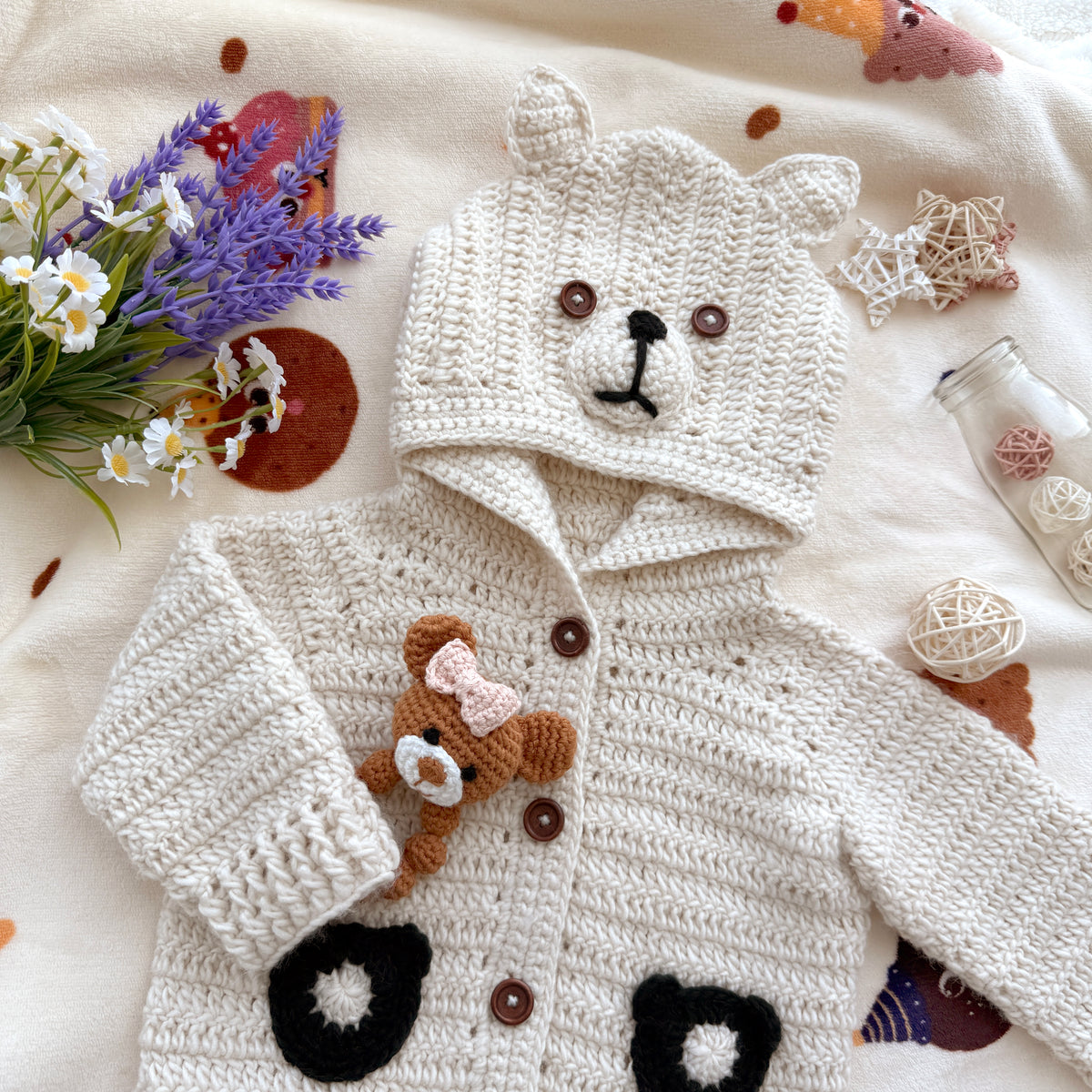 Handmade Crochet Bear Hooded Baby Cardigan - Cream Knit Coat