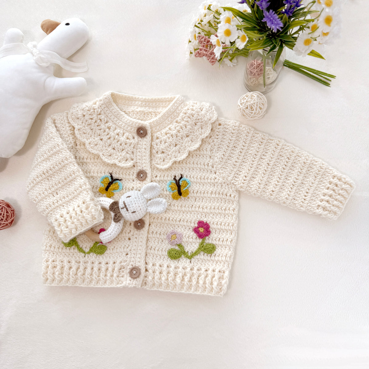 Hand Crocheted Cream Floral Butterfly Baby Cardigan